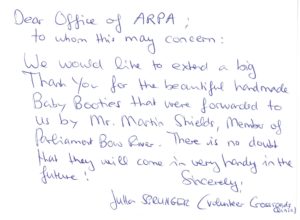 Letter of thanks for baby booties from Crossroads